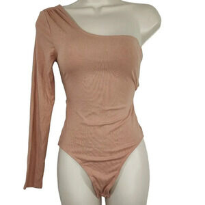 Astr Bodysuit One Shoulder Thong Open Back Women Size S Tan Long Sleeve